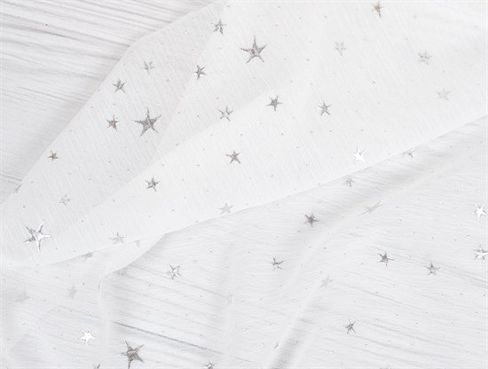 Шифон белый со звездами серебро - фото 13776