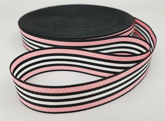 Тесьма репсовая полоски, розовый/белый/черный, 2,5см - фото 22368