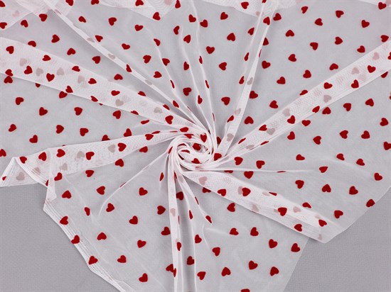 Эластичная сетка с флоковыми сердечками, цв. белый+красный 10009166
