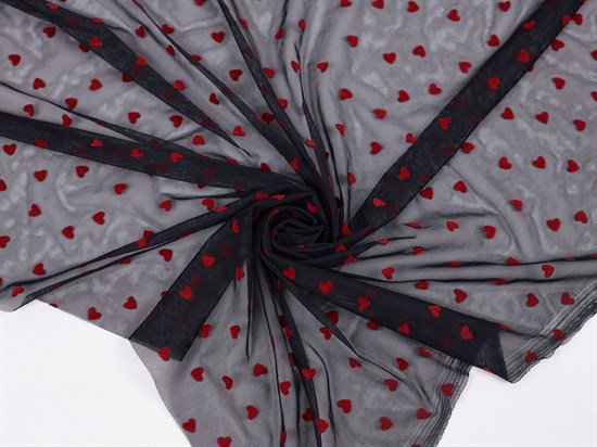 Эластичная сетка с флоковыми сердечками, цв. черный+красный 10009165