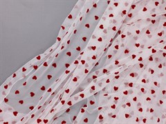 Эластичная сетка с флоковыми сердечками, цв. белый+красный